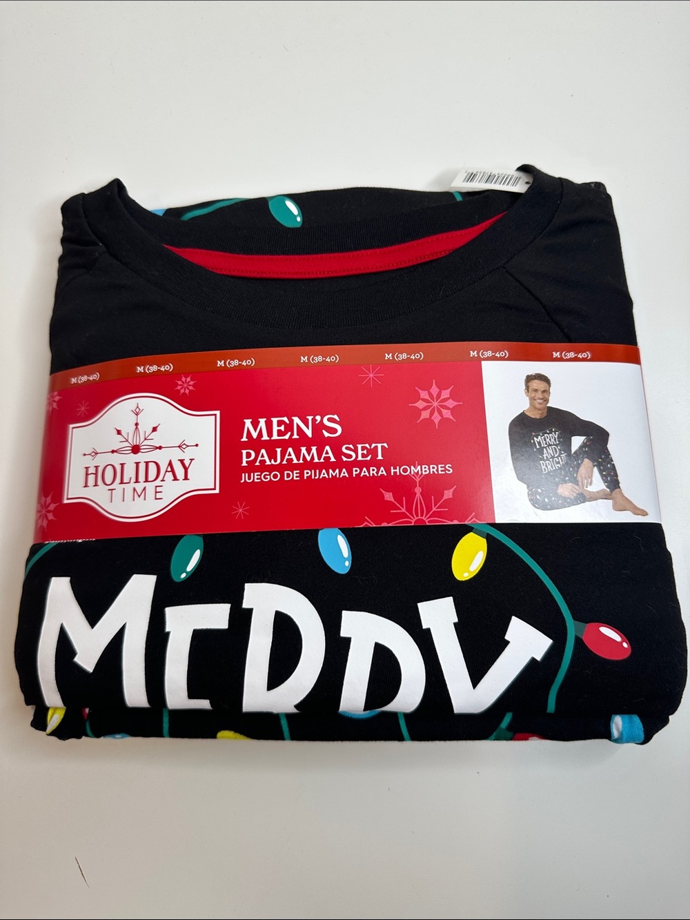 Holiday Time Men’s Black 'Merry' Crewneck Pajama Top with Multicolor Lights